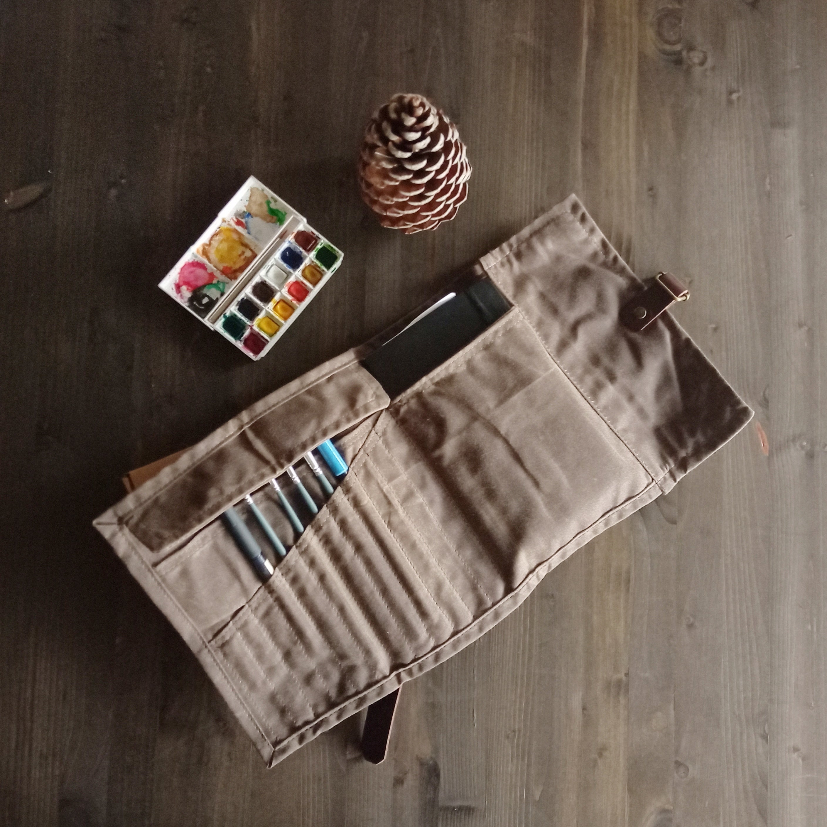 Waxed Canvas Pencil Case, Small Personalized Toiletry Bag, Cable