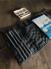 Load image into Gallery viewer, Roll up pencil case in waxed canvas, watercolor paint brush holder, waxed canvas roll up paint brush holder