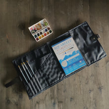 Load image into Gallery viewer, Roll up pencil case in waxed canvas, watercolor paint brush holder, waxed canvas roll up paint brush holder