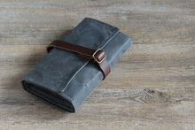 Load image into Gallery viewer, Roll up pencil case in waxed canvas, watercolor paint brush holder, waxed canvas roll up paint brush holder