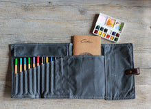 Load image into Gallery viewer, Pencil case roll up in waxed canvas, watercolour paint brush roll case, roll up paint brush holder