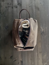 Load image into Gallery viewer, Travel toiletry bag in waxed canvas, personalized gift for him, groomsmen gift, shave kit,personalized dopp kit, mens toiletry bag, birthday gift