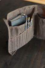 Load image into Gallery viewer, roll up paint brush holder, sketchbook cover in waxed canvas