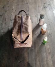 Load image into Gallery viewer, Travel toiletry bag in waxed canvas, personalized gift for him, groomsmen gift, shave kit,personalized dopp kit, mens toiletry bag, birthday gift