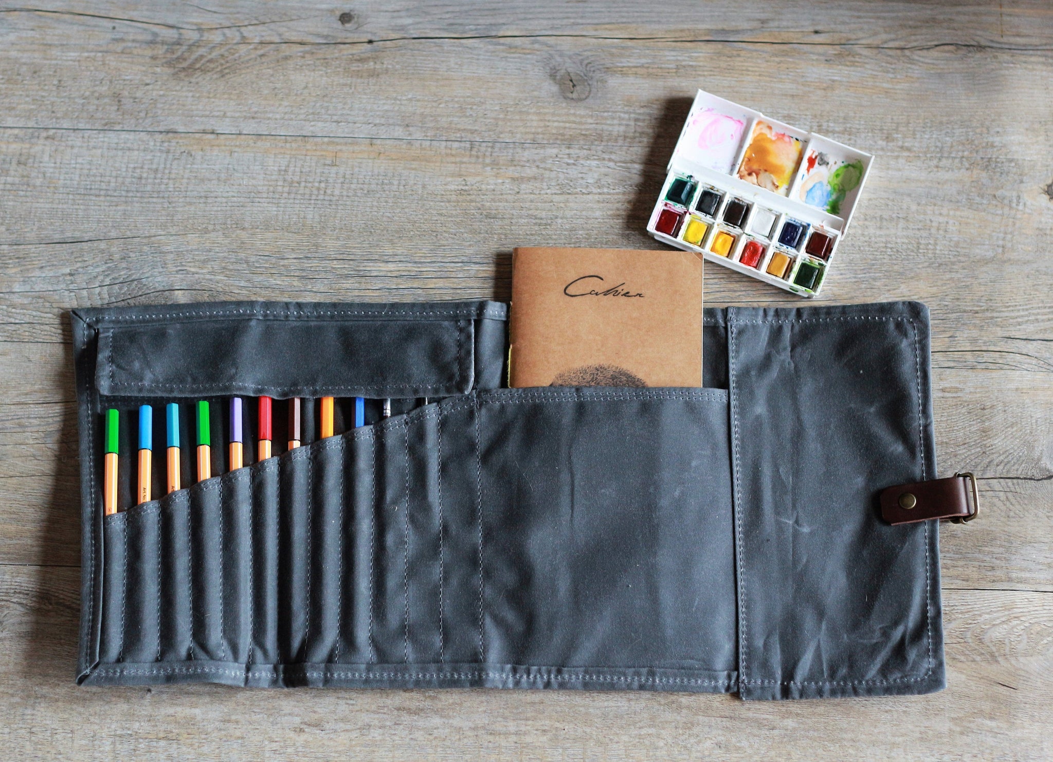 Roll up pencil case in waxed canvas, roll up paint brush holder