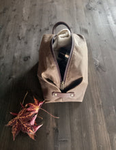 Load image into Gallery viewer, Travel toiletry bag in waxed canvas, personalized gift for him, groomsmen gift, shave kit,personalized dopp kit, mens toiletry bag, birthday gift
