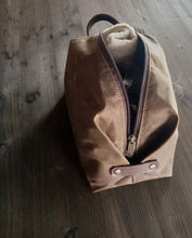 Load image into Gallery viewer, Travel toiletry bag in waxed canvas, personalized gift for him, groomsmen gift, shave kit,personalized dopp kit, mens toiletry bag, birthday gift

