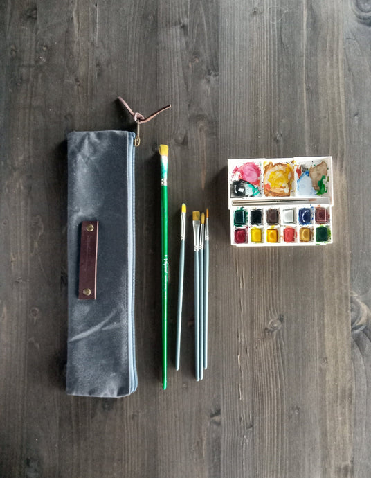 Roll up pencil case in waxed canvas, roll up paint brush holder