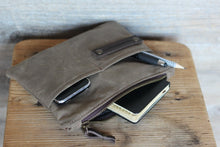 Load image into Gallery viewer, Waxed canvas zipper pouch, personalized gift , makeup bag, waxed canvas bag purse,  gift for boyfriend,  wallet,  passport cover
